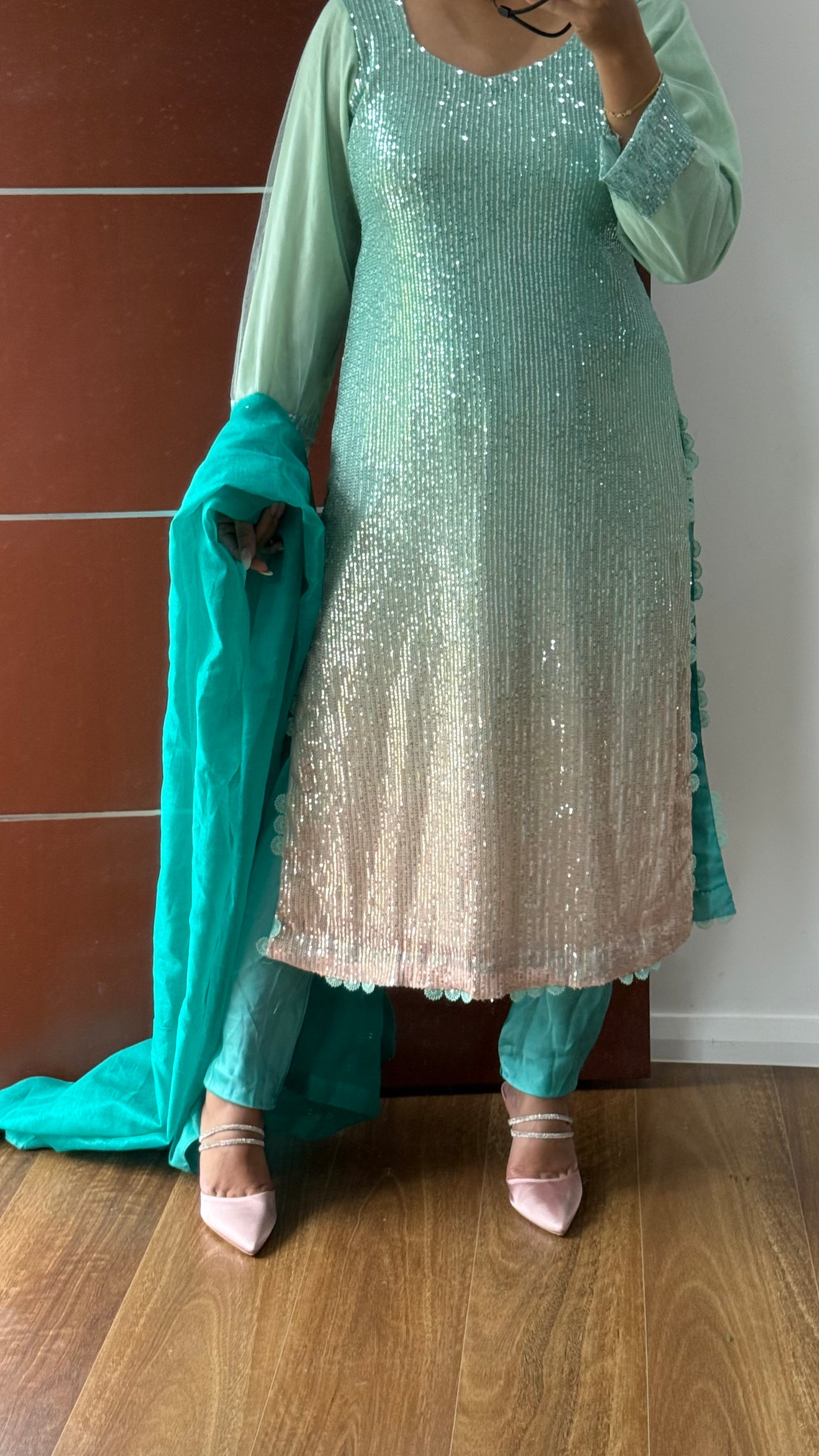 long kurta with dupatta and pants Indian outfit