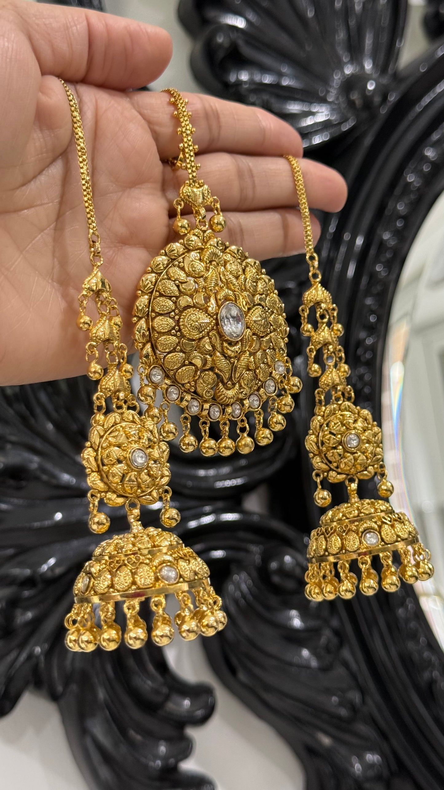 Gold plated earrings inspired from real gold design Jhumka and tikka Combo Sandookh Collection