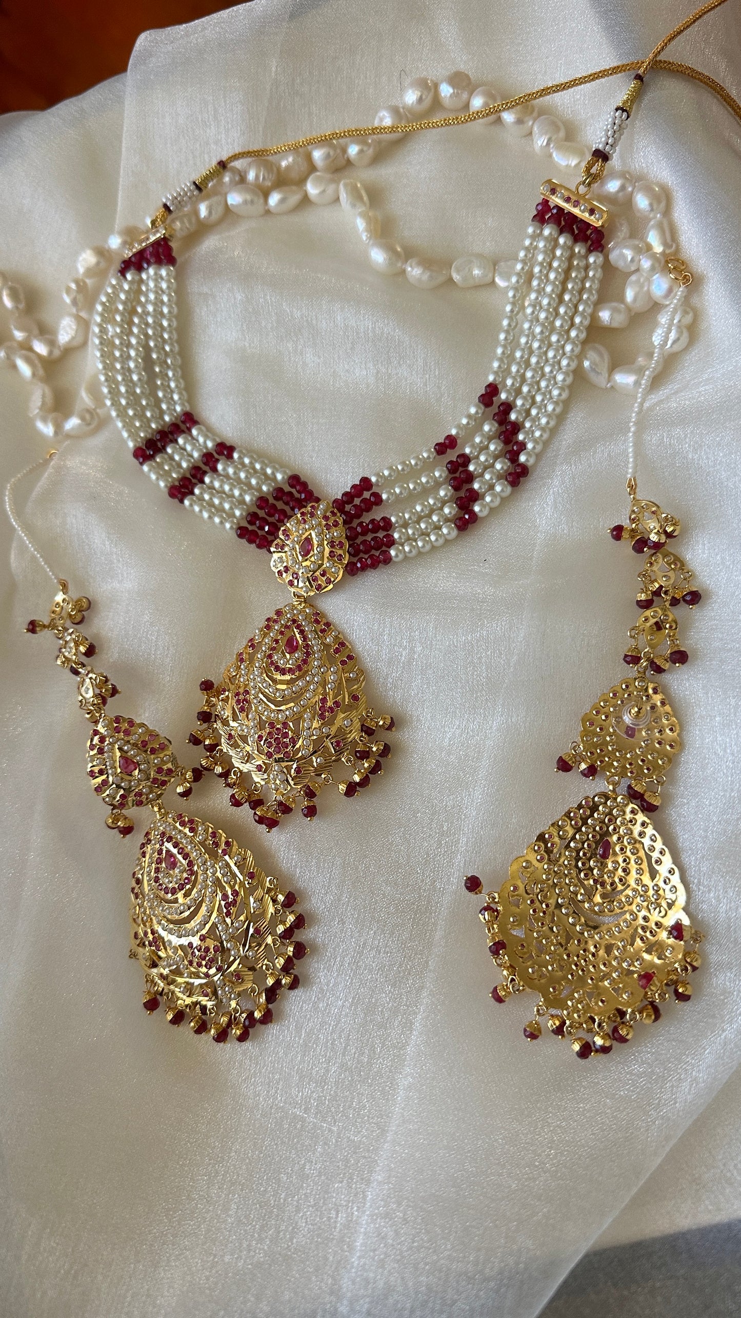 Real jadau choker or necklace set with sahare earrings ruby