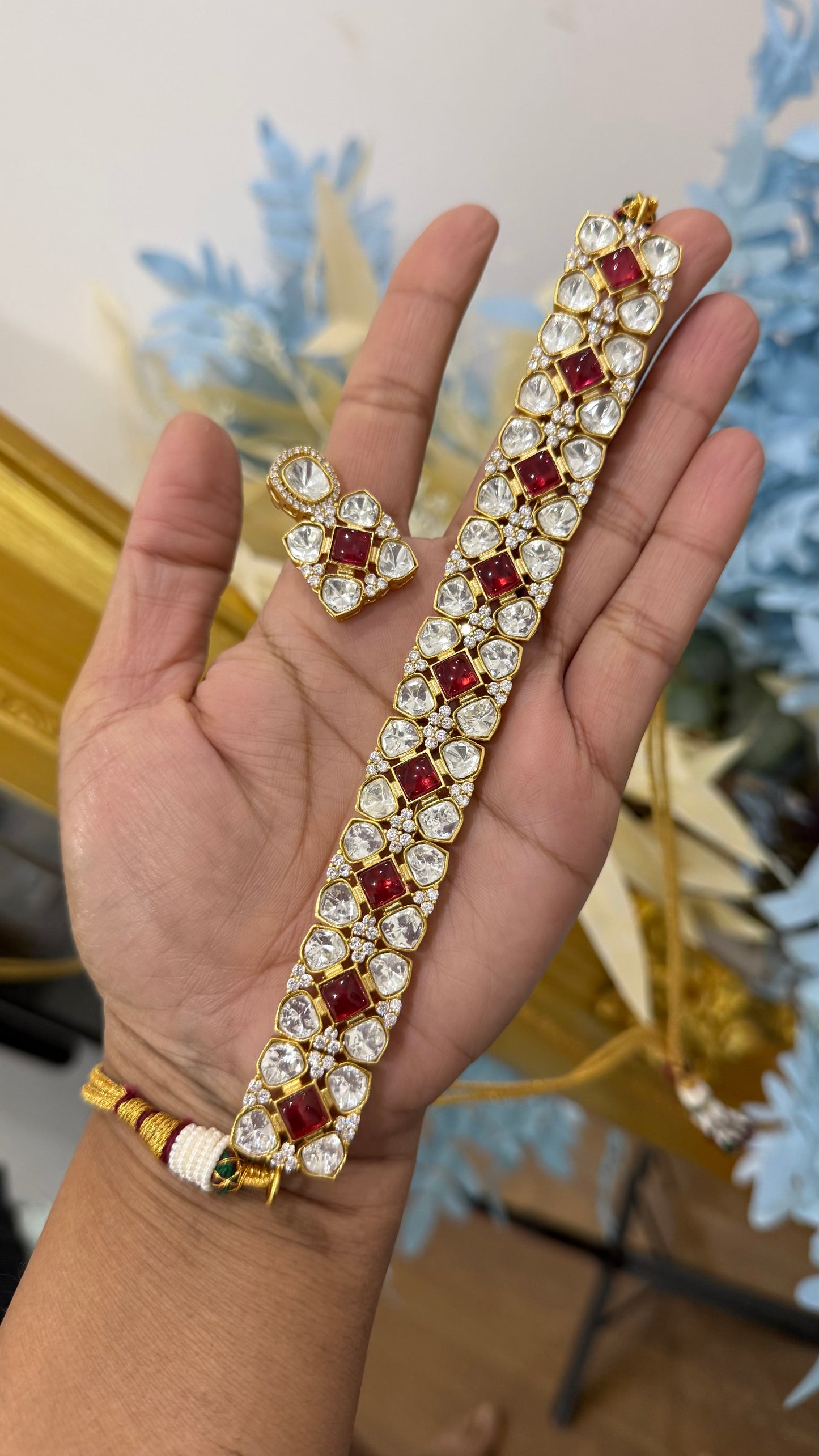 uncut kundan gold plated choker necklace with earrings Ruby