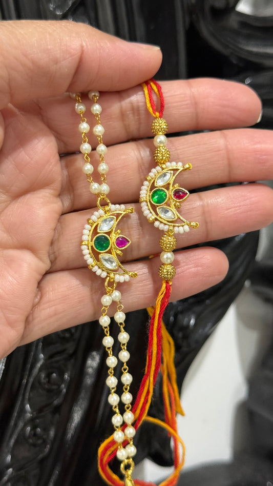 Premium Pachi Kundan  Rakhi for Brother and Bhabi combo
