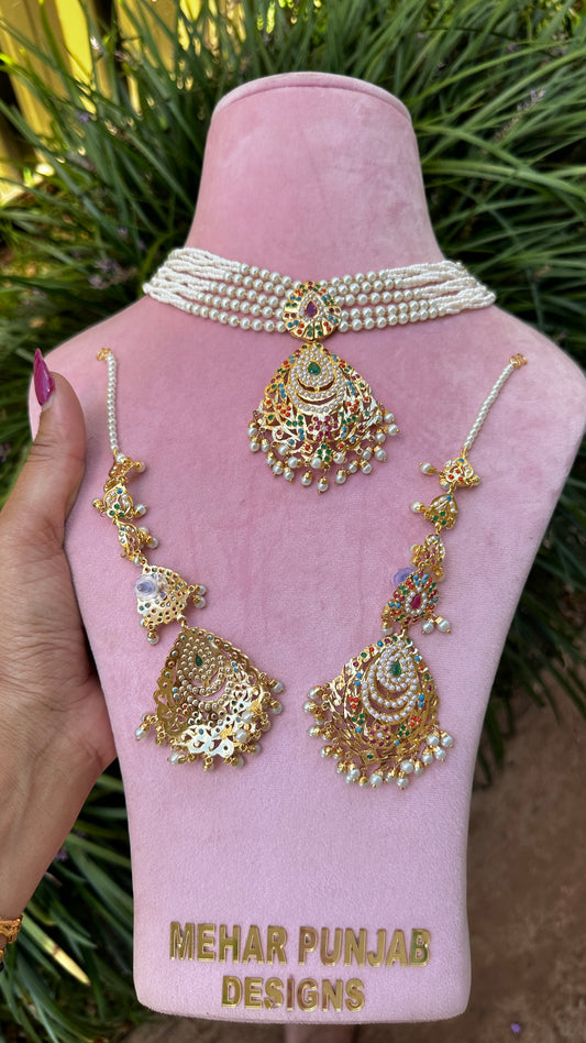 Real jadau choker or necklace set with sahare earrings