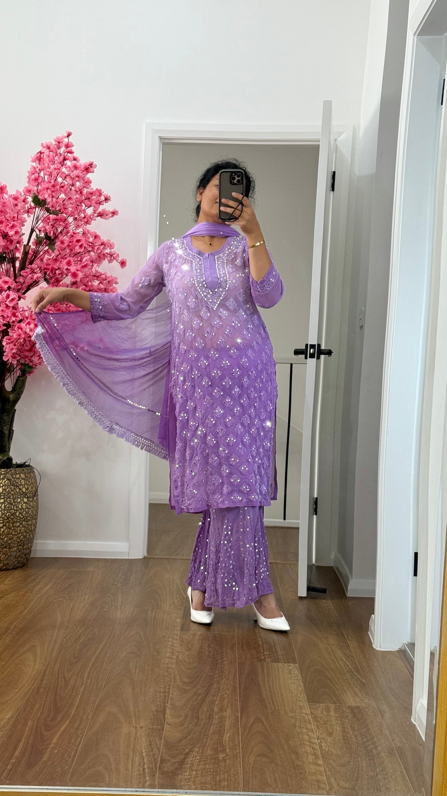 purple chikankari kurti set