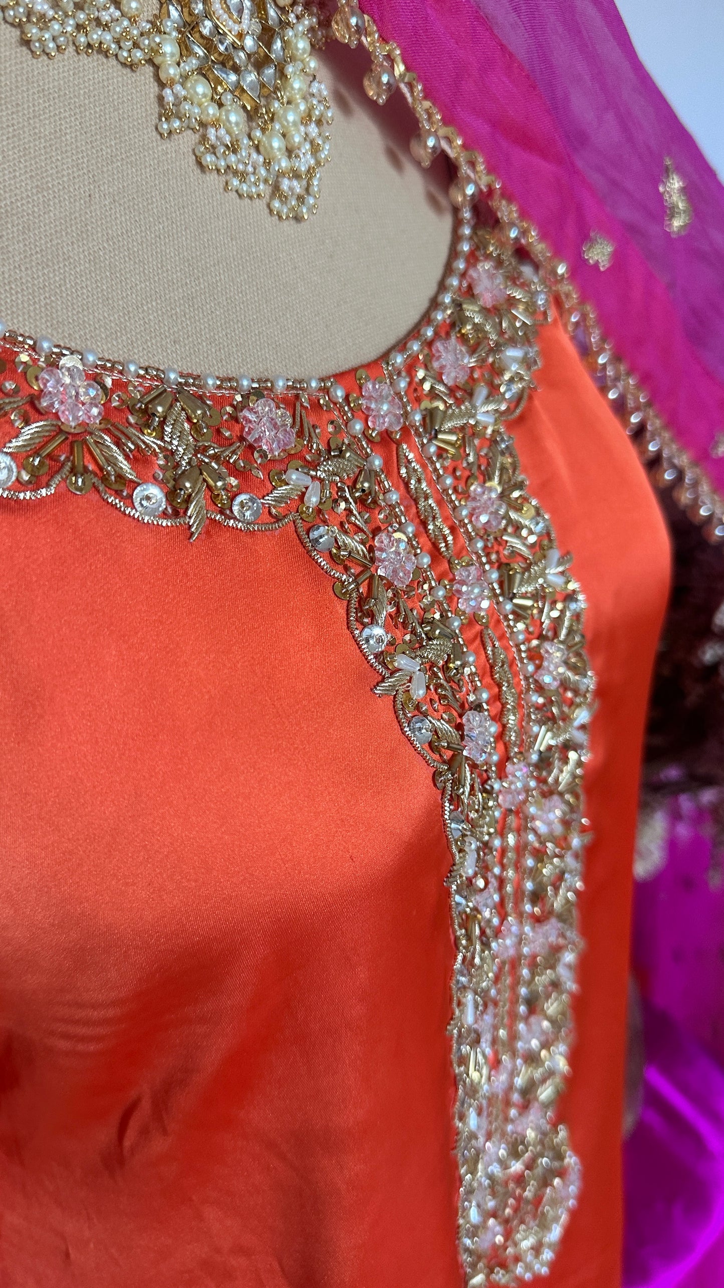 Three piece Pakistani hand work outfit orange and deep pink