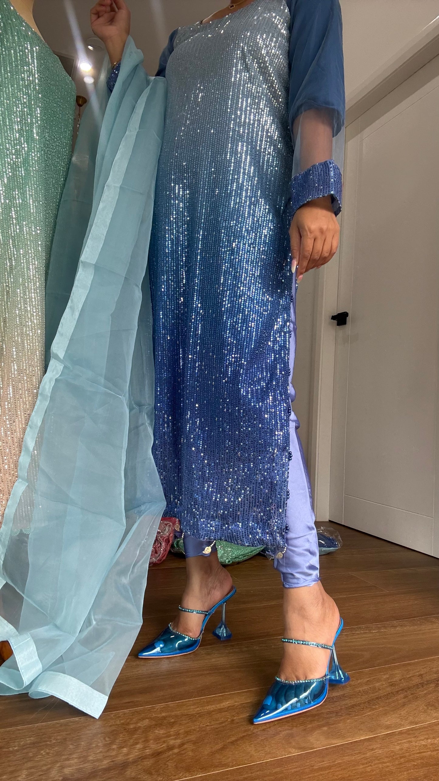 long kurta with dupatta and pants Indian outfit