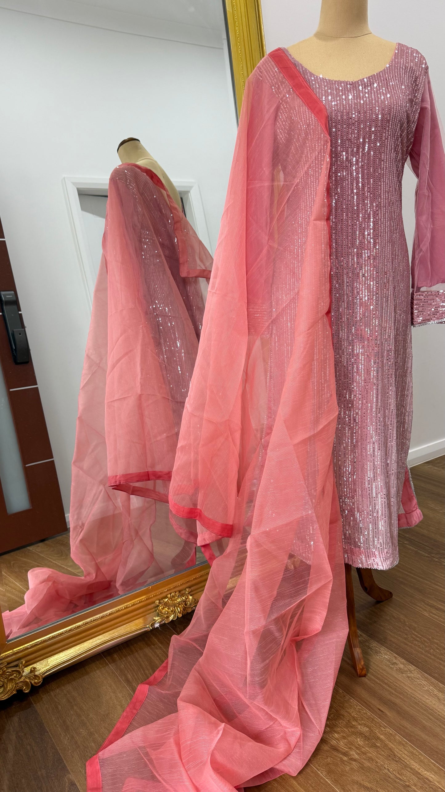 long kurta with dupatta and pants Indian outfit