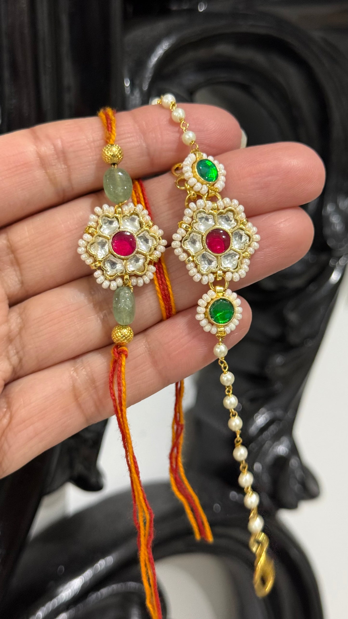 Premium Pachi Kundan  Rakhi for Brother and Bhabi combo