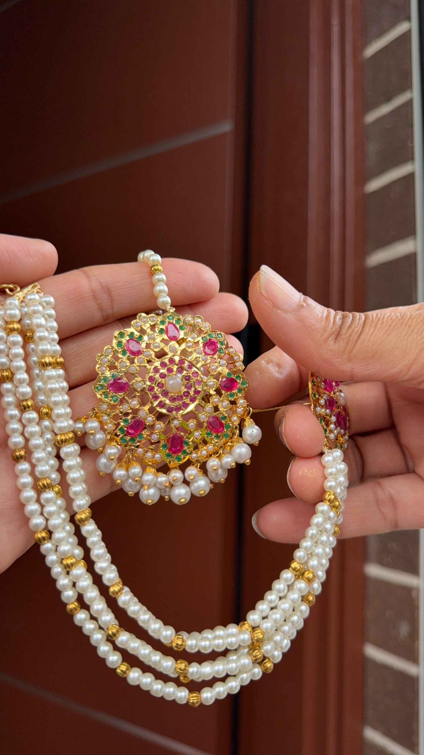 Real jadau gold plated studs with tikka and attached sahare