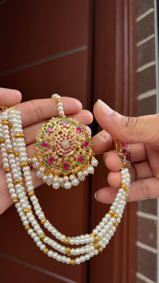 Real jadau gold plated studs with tikka and attached sahare