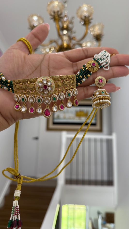 Gold Plated Indian Choker Set with Jhumki Earrings