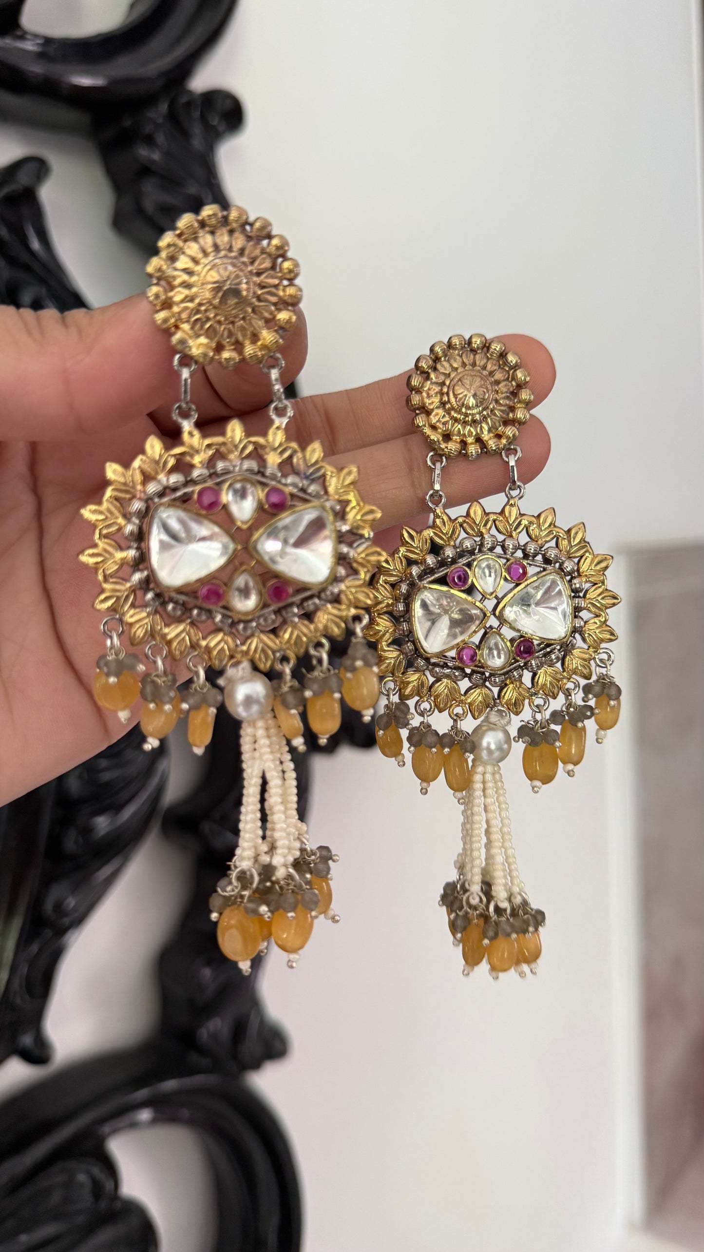 Uncut Kundan Earrings – Silver & Gold Mix Finish | Gold Plated | Real Beads