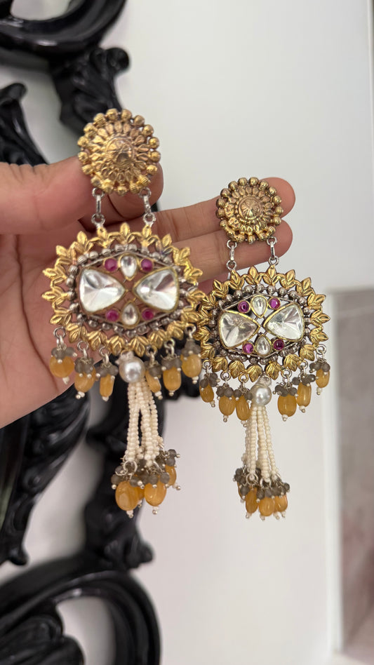 Uncut Kundan Earrings – Silver & Gold Mix Finish | Gold Plated | Real Beads