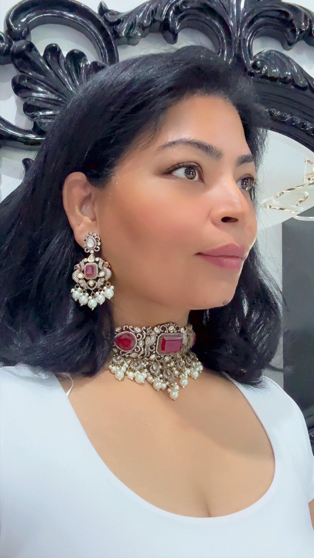 Moissanite choker with earrings with doublet stone ruby red