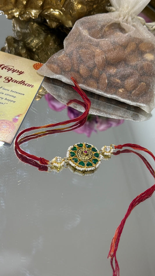 Elegant Pachi Kundan Rakhi with traditional Indian design, available in Australia and worldwide for Raksha Bandhan gifting
