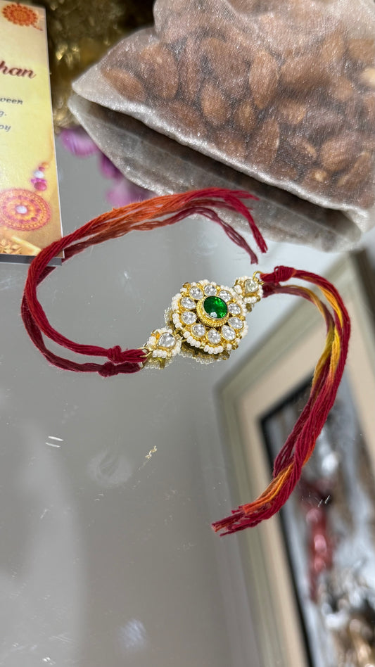 Elegant Pachi Kundan Rakhi with traditional Indian design, available in Australia and worldwide for Raksha Bandhan gifting