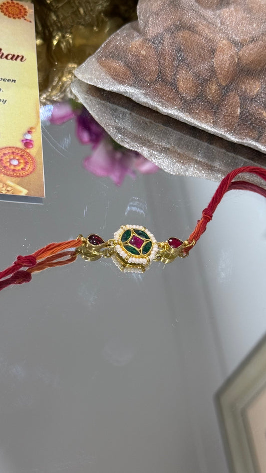 Elegant Pachi Kundan Rakhi with traditional Indian design, available in Australia and worldwide for Raksha Bandhan gifting