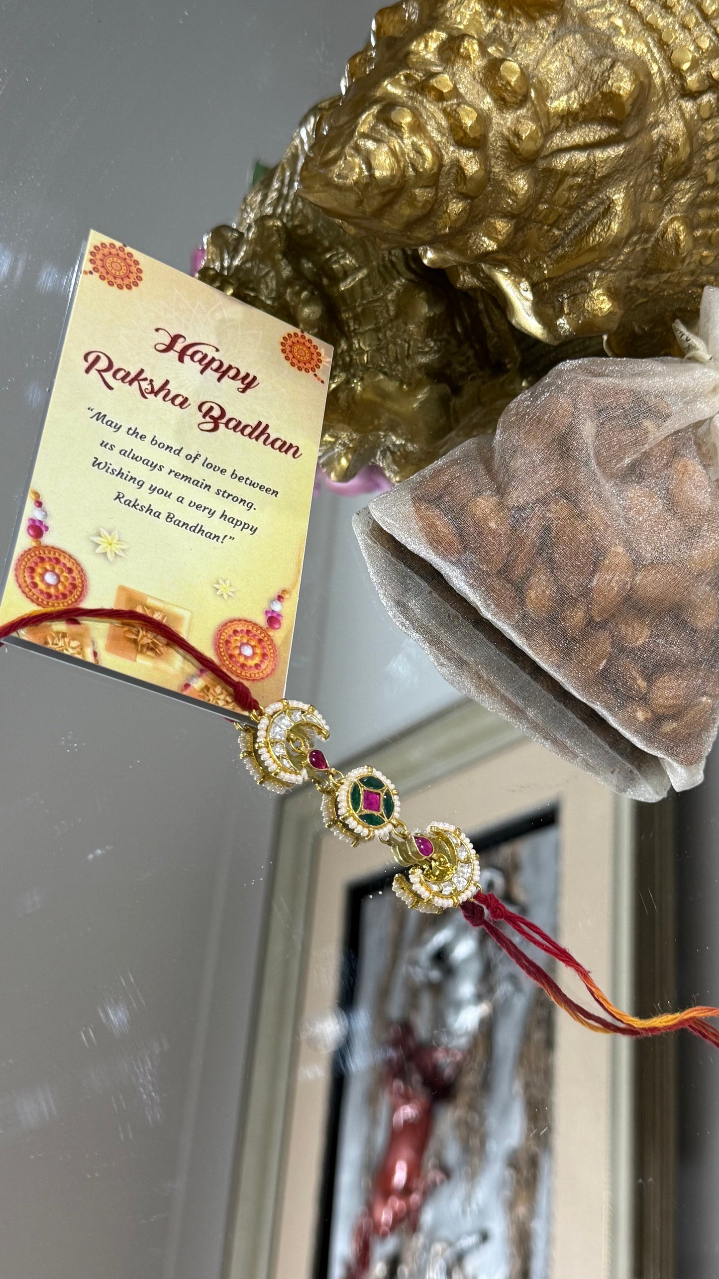 Elegant Pachi Kundan Rakhi with traditional Indian design, available in Australia and worldwide for Raksha Bandhan gifting
