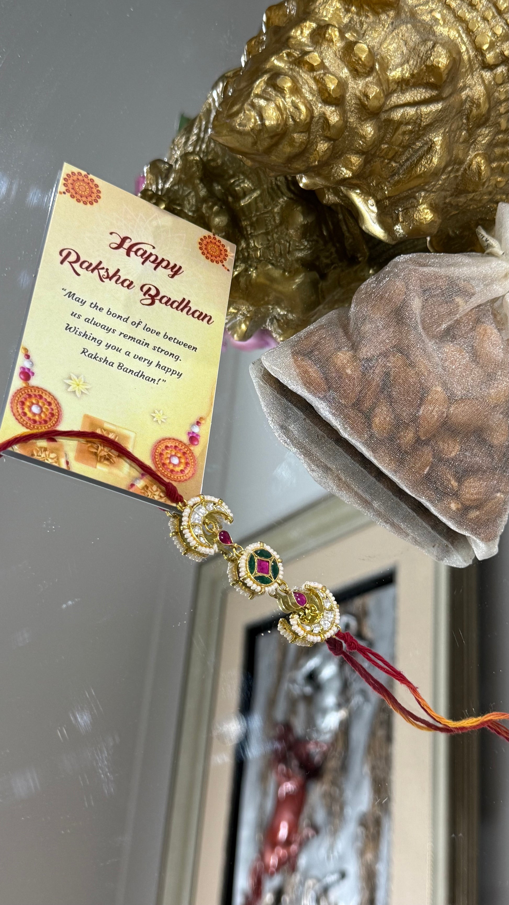 Elegant Pachi Kundan Rakhi with traditional Indian design, available in Australia and worldwide for Raksha Bandhan gifting