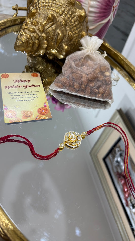 Elegant Pachi Kundan Rakhi with traditional Indian design, available in Australia and worldwide for Raksha Bandhan gifting