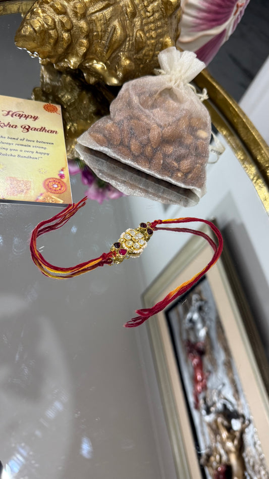 Elegant Pachi Kundan Rakhi with traditional Indian design, available in Australia and worldwide for Raksha Bandhan gifting