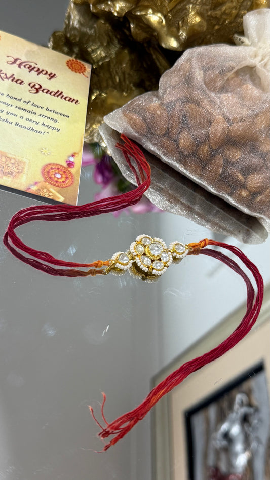 Elegant Pachi Kundan Rakhi with traditional Indian design, available in Australia and worldwide for Raksha Bandhan gifting