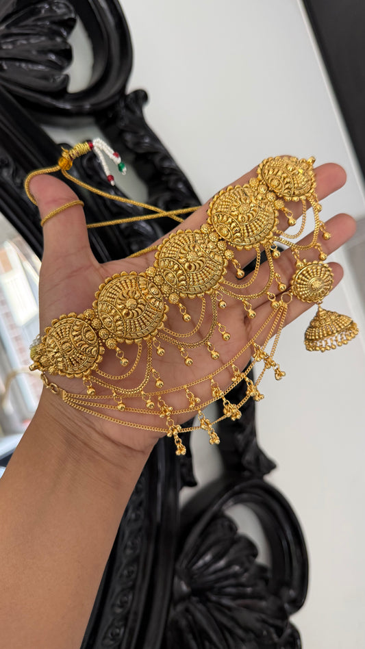 gold plated necklace With earrings jhumki with attached sahare Sandookh collection