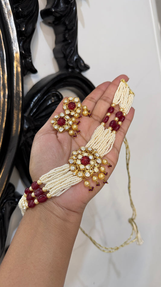 Moissanite choker ruby and white pearl