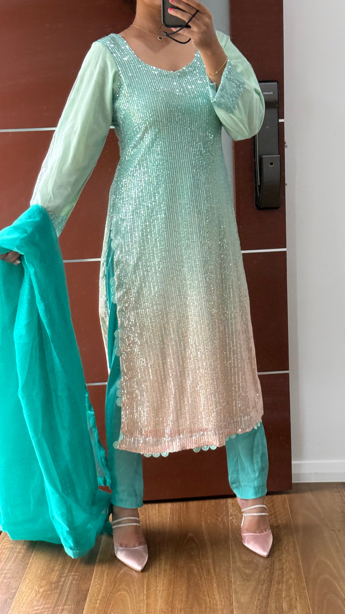 long kurta with dupatta and pants Indian outfit