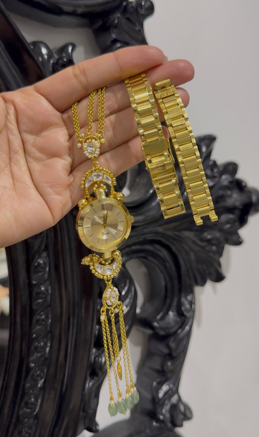Pachi kundan watch free size gold plated bracelet style