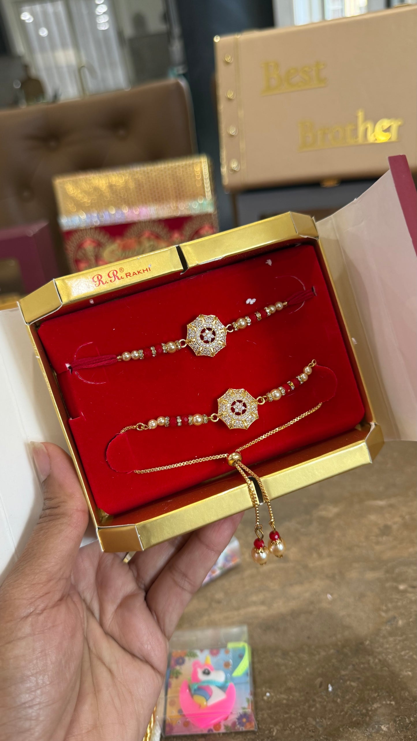 Premium American Diamond Rakhi for veera and bhabi combo