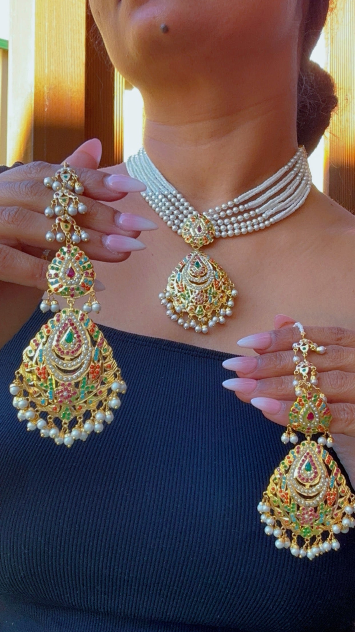 Real jadau choker or necklace set with sahare earrings navratan