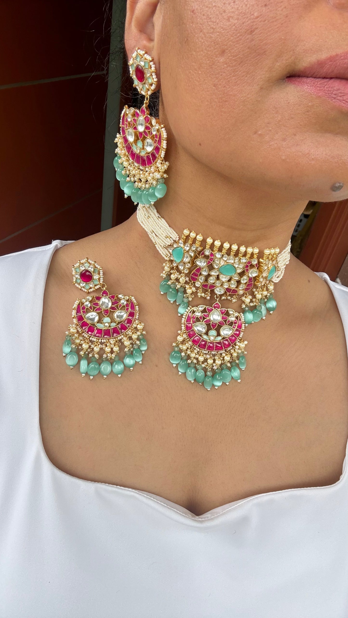 Gold Plated pachi kundan necklace with matching earrings Bridal