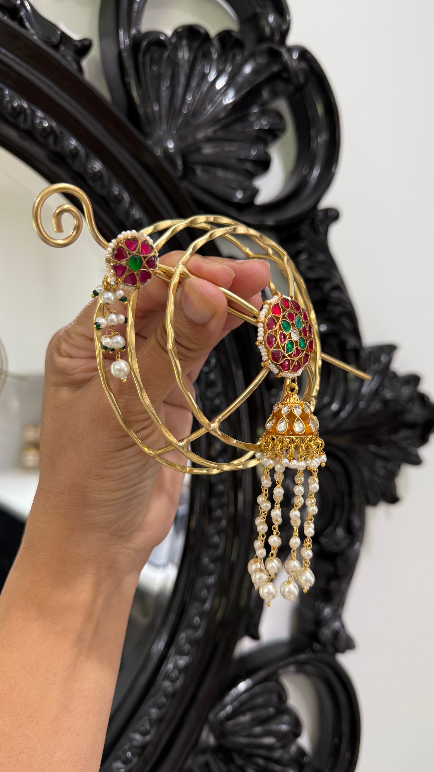 Pachi Kundan Hair Bun Accessory with Stick | Gold Plated | Brass Base