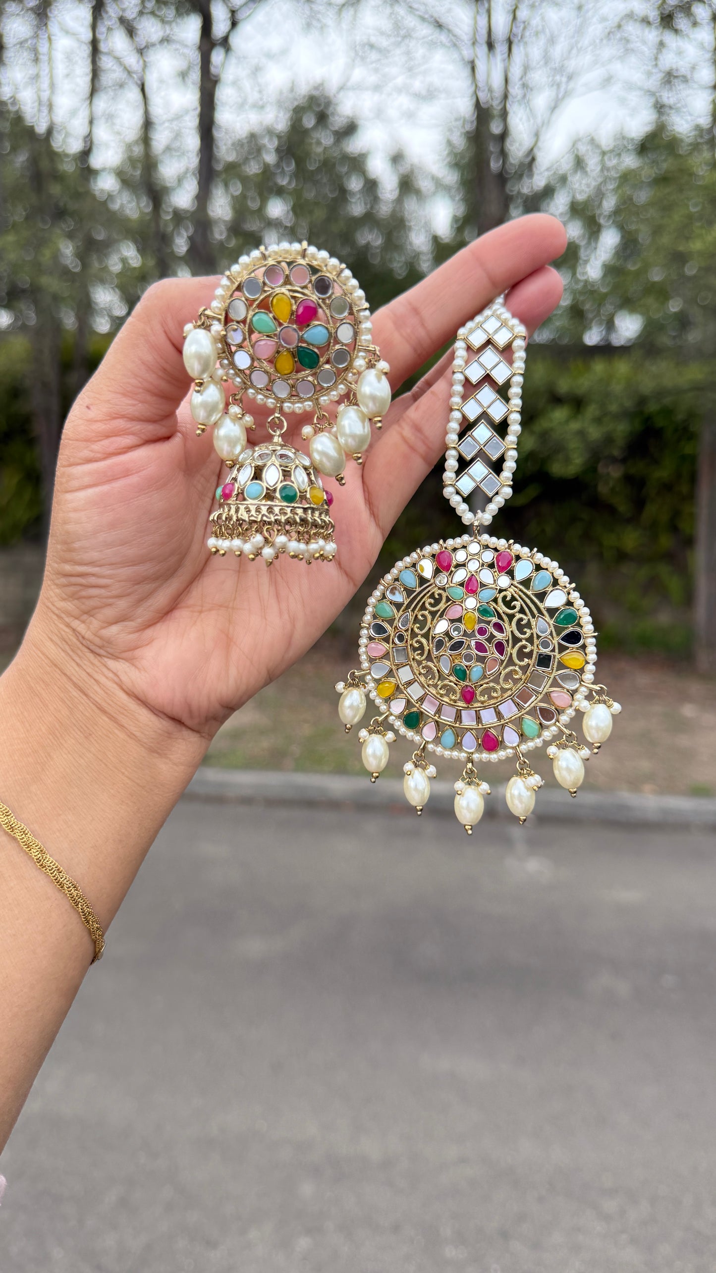 Mirror earrings with tikka