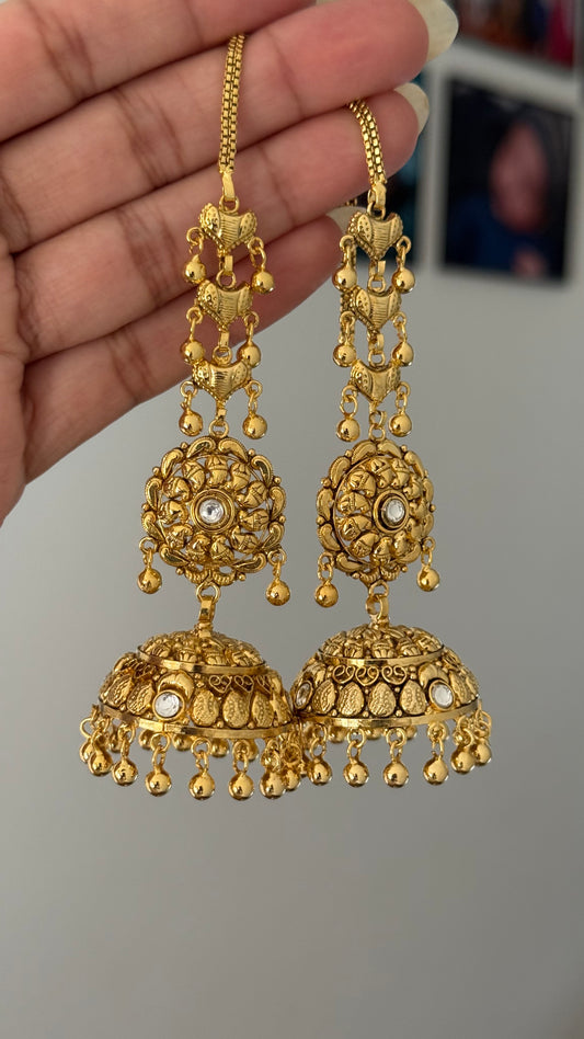 Gold plated earrings inspired from real gold design Jhumka and tikka Combo Sandookh Collection