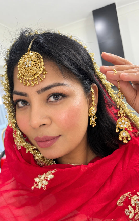 1g gold plated tikka set with studs and sahare attached Sandookh collection
