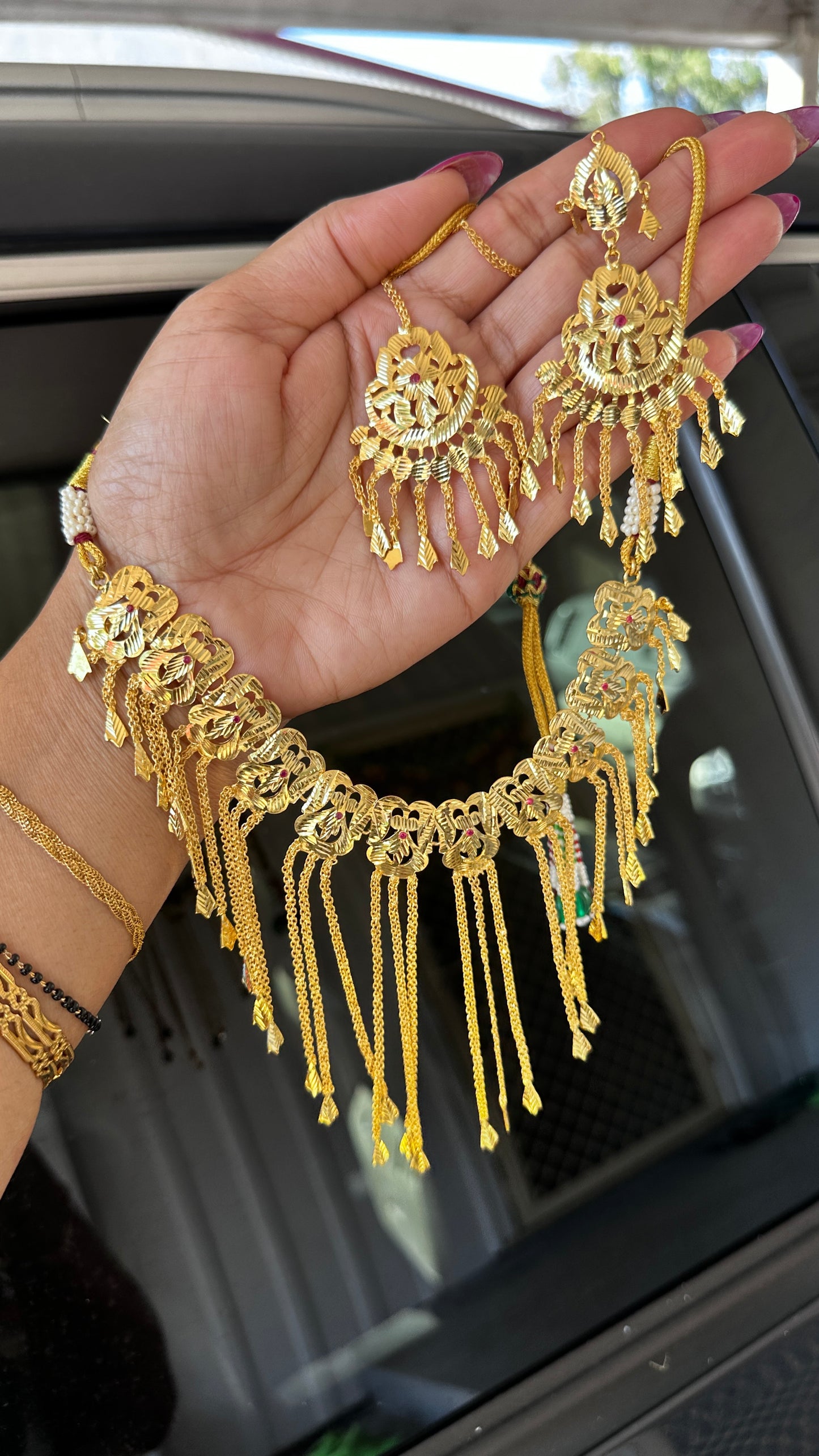 gold plated choket set Sandookh look jhalar