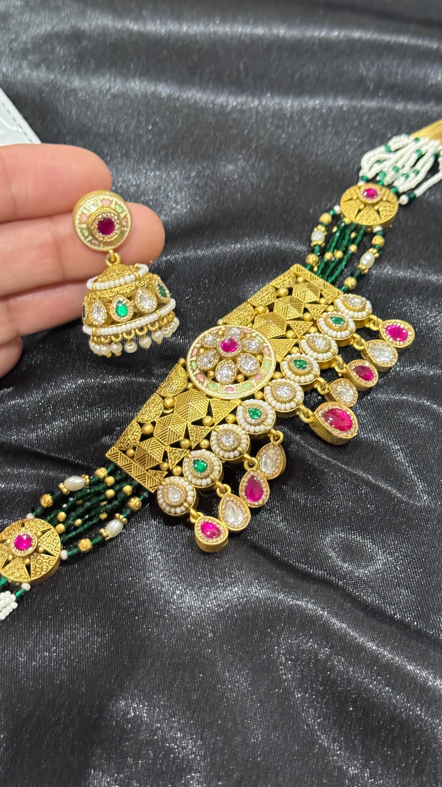 Gold Plated Indian Choker Set with Jhumki Earrings