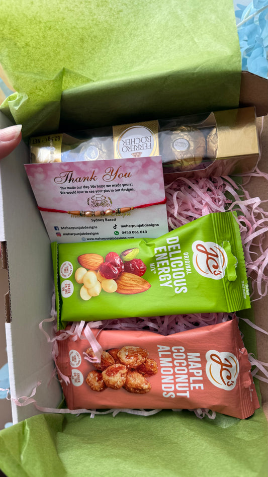 Premium Chandan Rakhi Gift Hamper | Rakhi with Chocolates, Almonds & Energy Mix | Raksha Bandhan Australia
