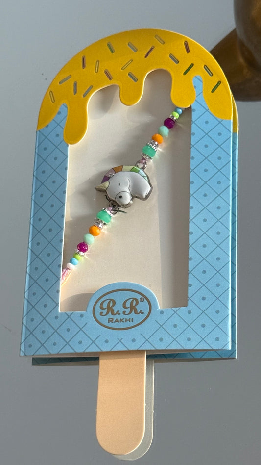 Girls Rakhi with unicorn charm and glitter thread