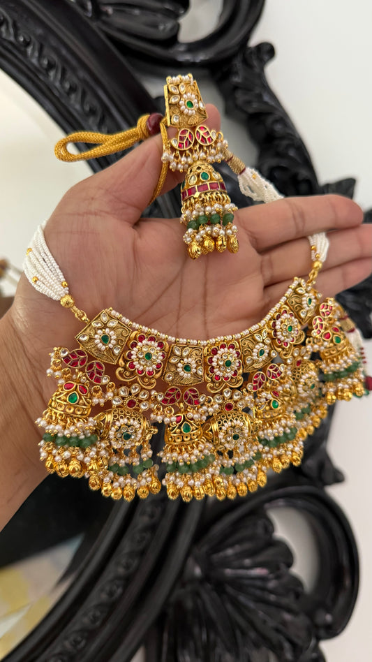 Gold Plated Indian Choker Set with Earrings – Bridal Jewelry 