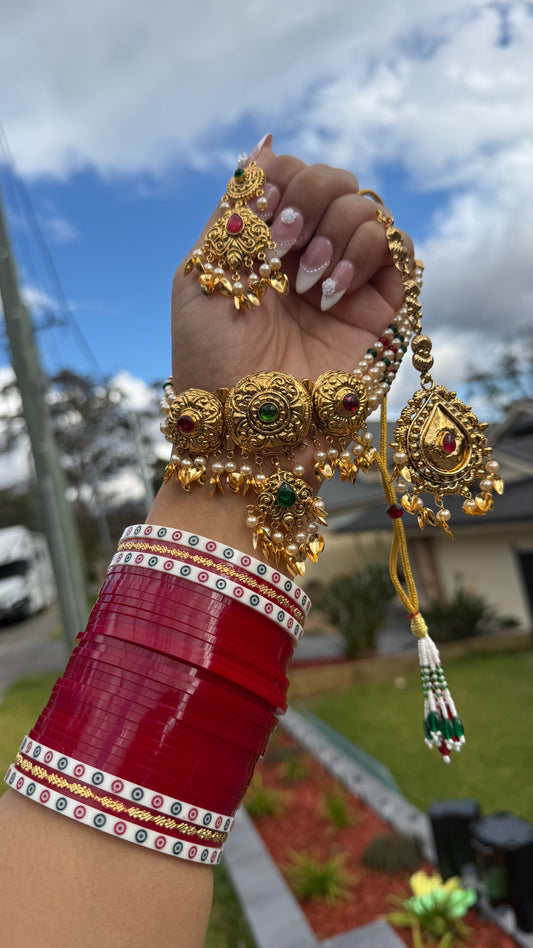 Gold plated Indian bridal choker necklace set with earrings and tikka