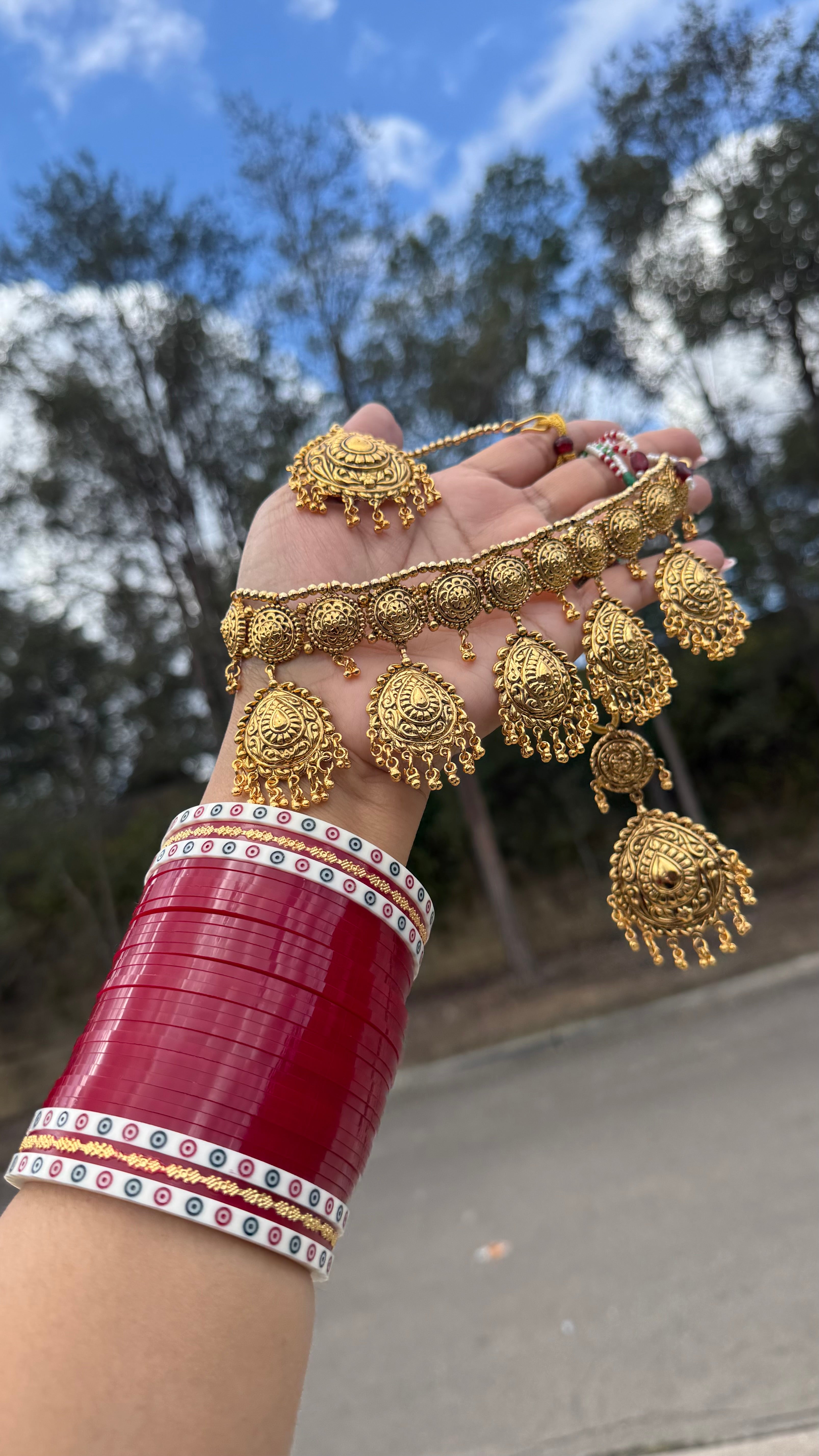 Gold plated Indian bridal choker necklace set with earrings and tikka shop online Australia