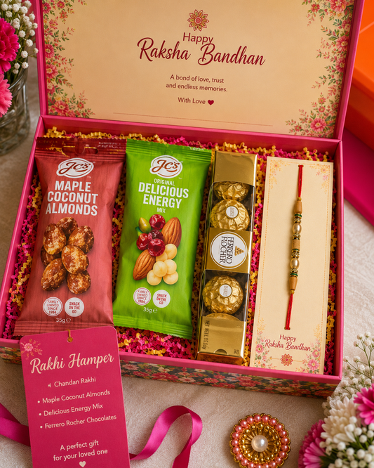Premium Chandan Rakhi Gift Hamper | Rakhi with Chocolates, Almonds & Energy Mix | Raksha Bandhan Australia