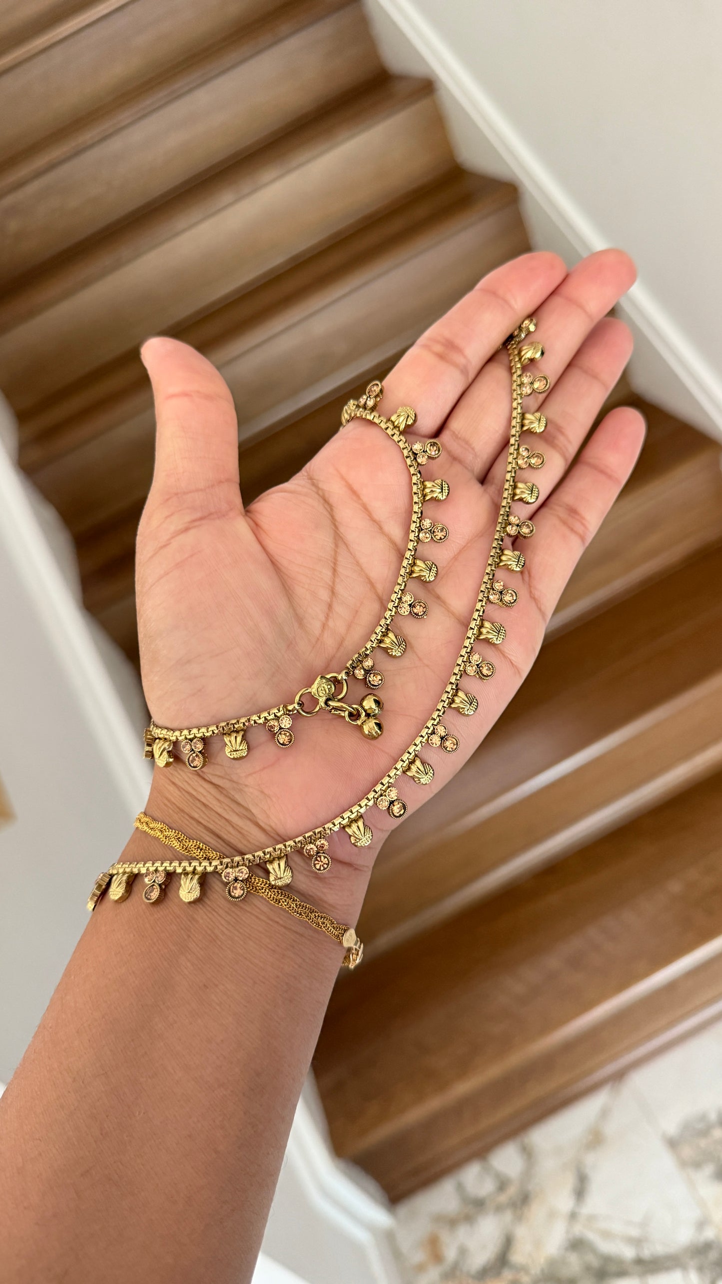 Traditional Indian anklet with intricate gold look design, adorned with bells and beads, ideal for weddings and festive occasions, Kundan anklet. Polki anklet. Bridal anklet