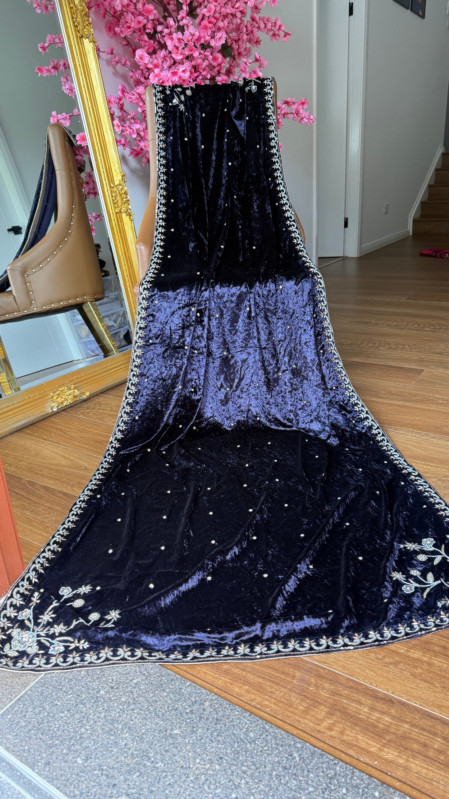 blue velvet shawl with gold embroidery for winter