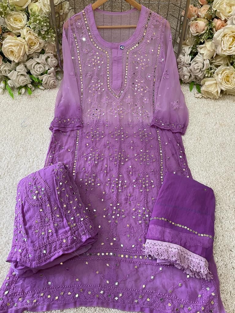 purple chikankari kurti set