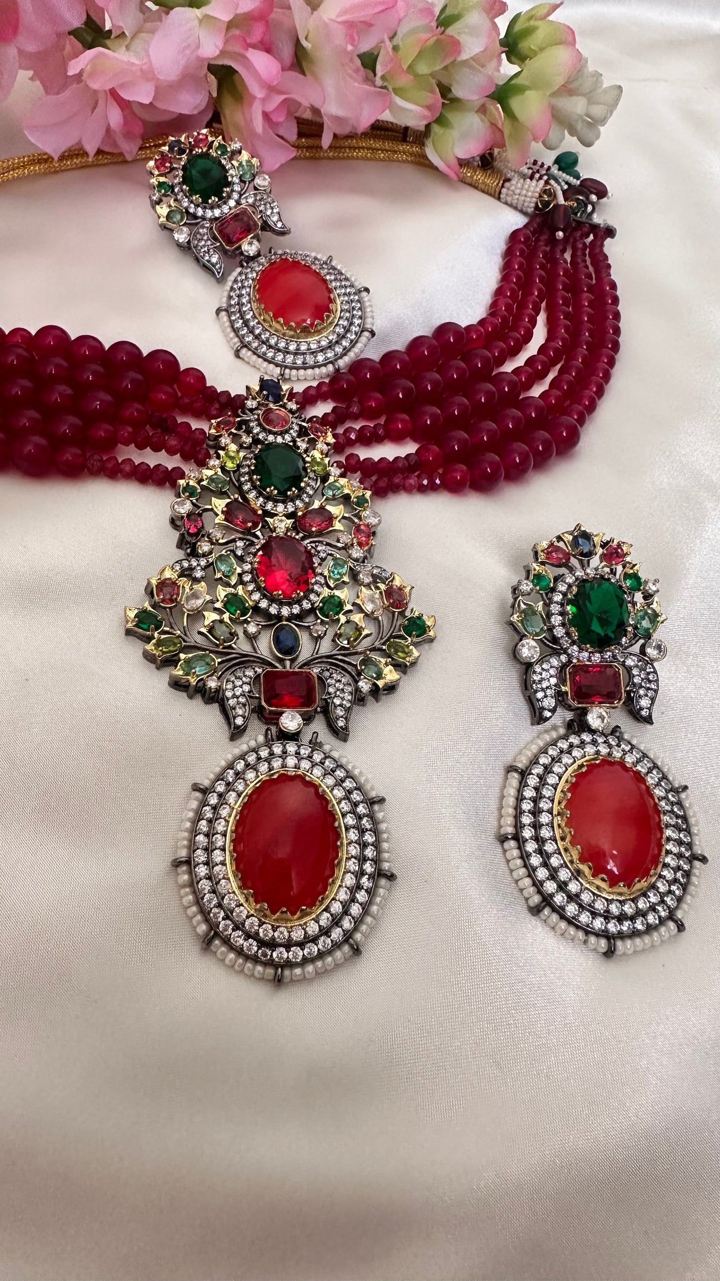 Ruby green mix necklace set