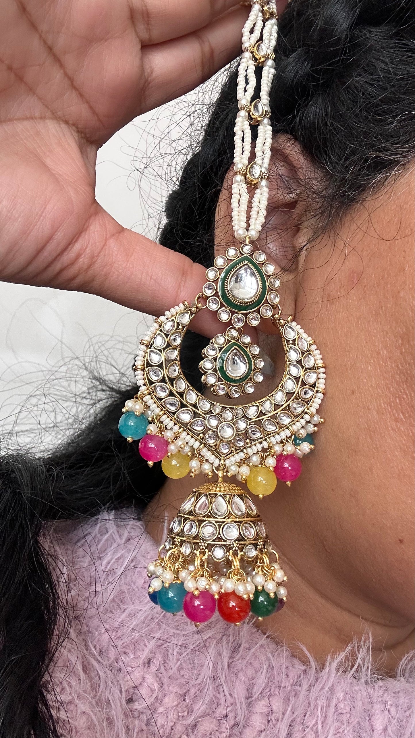 Kundan earrings and tikka with sahare multi