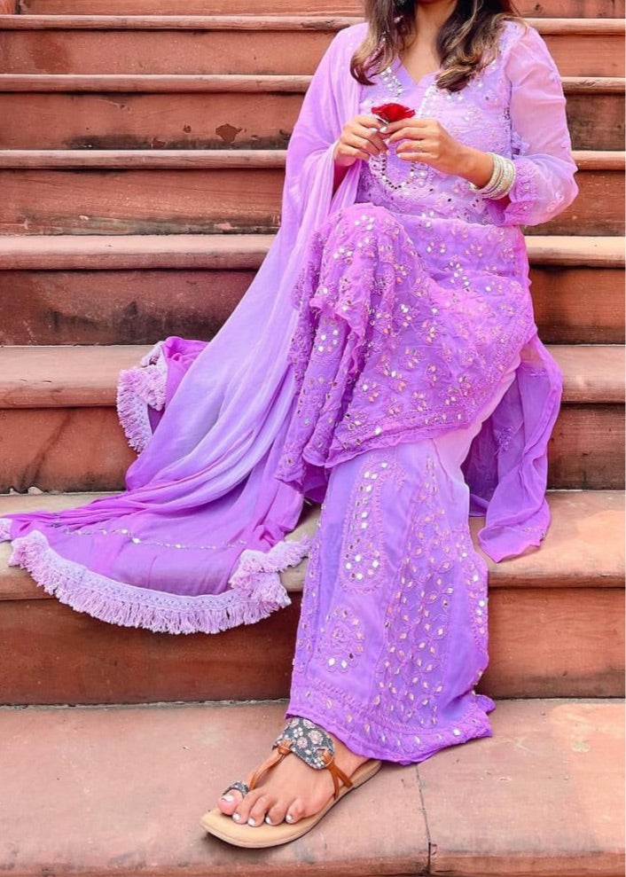 purple chikankari kurti set